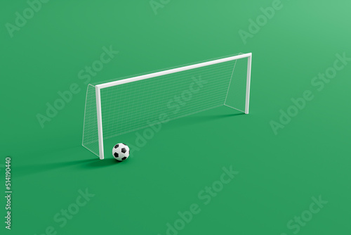 Green football courts with soccer ball and goal post, minimalist composition. 3d illustration