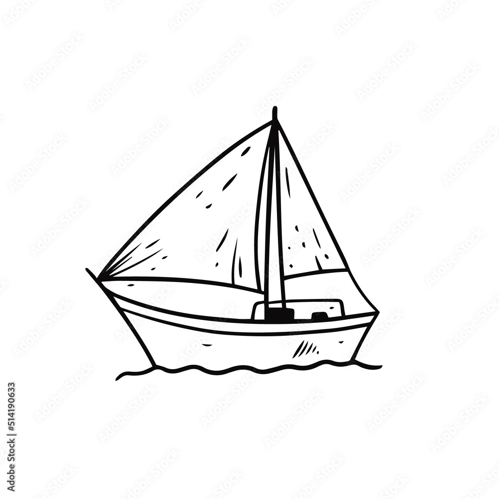 Hand drawn black color boat or ship. Doodle style. Sketch vector illustration.