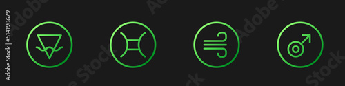Set line Windy weather, Earth element, Gemini zodiac and Mars symbol. Gradient color icons. Vector