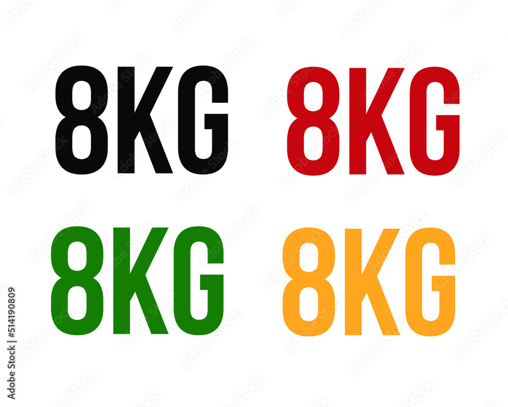 8kg text. Vector with value in kilograms black, red, green and orange on white background. 8kg text. Vector with value in kilograms black, red, green and orange on white background.