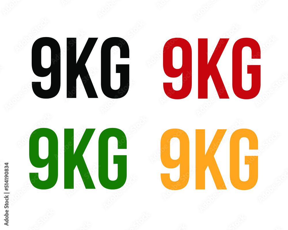 9kg text. Vector with value in kilograms black, red, green and orange on white background. 9kg text. Vector with value in kilograms black, red, green and orange on white background.