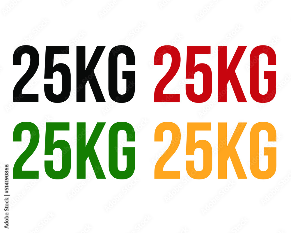 25kg text. Vector with value in kilograms black, red, green and orange on white background.