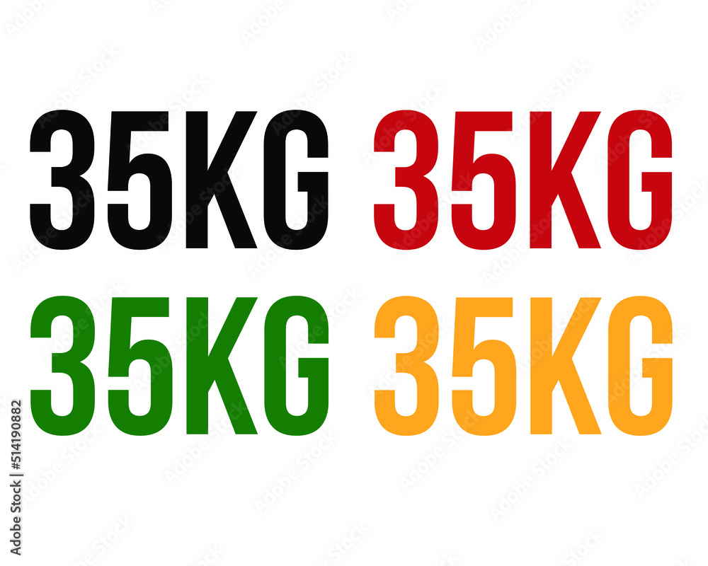 35kg text. Vector with value in kilograms black, red, green and orange on white background.