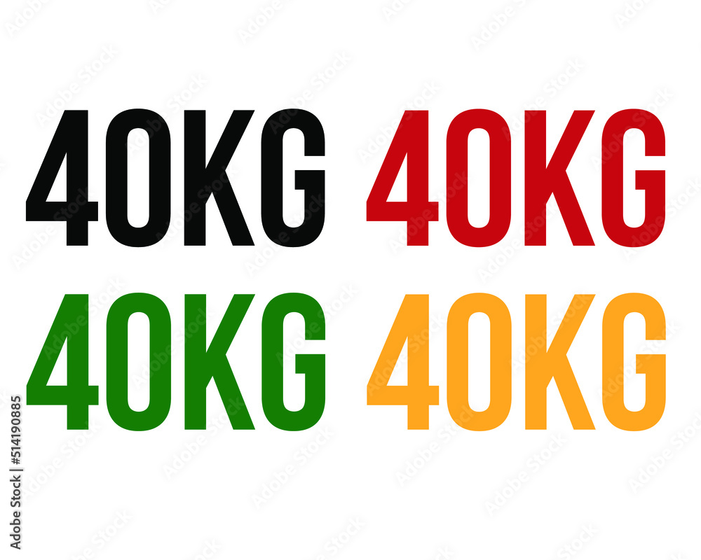 40kg text. Vector with value in kilograms black, red, green and orange on white background. 40kg text. Vector with value in kilograms black, red, green and orange on white background.