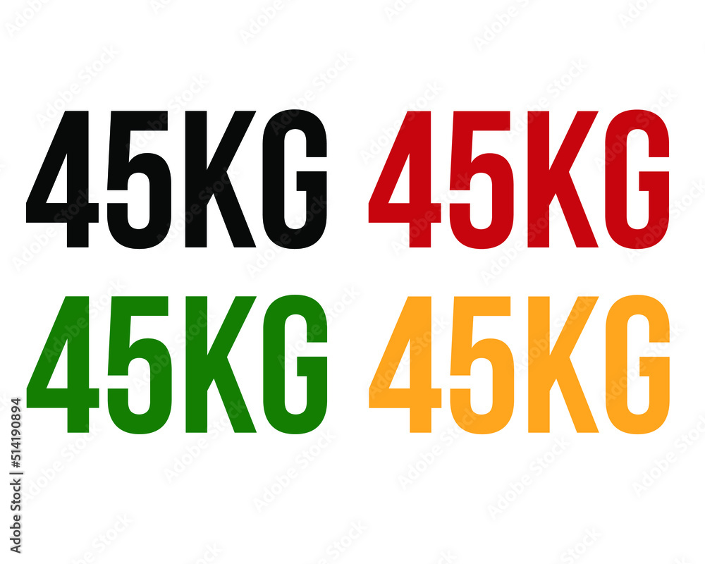 45kg text. Vector with value in kilograms black, red, green and orange on white background.