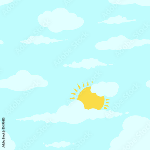 Background Seamless Blue Cloudy Sky With Sun Cartoon Wallpaper Pattern