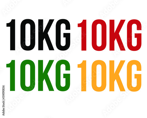 10kg text. Vector with value in kilograms black, red, green and orange on white background.