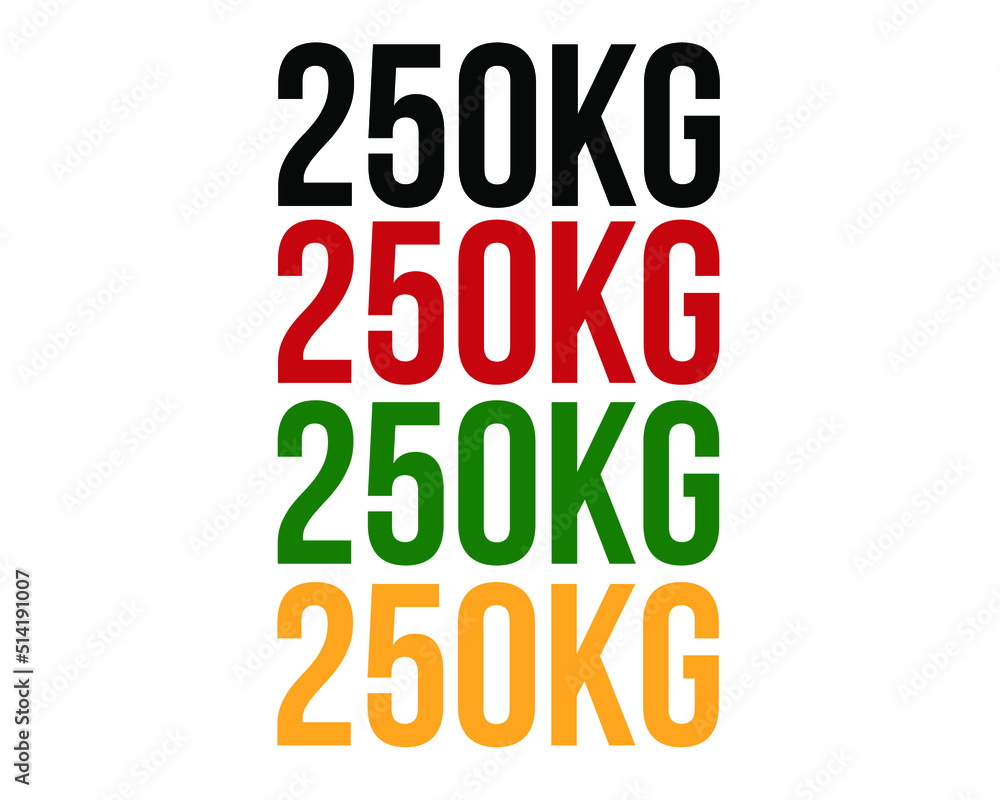 250kg text. Vector with value in kilograms black, red, green and orange on white background.