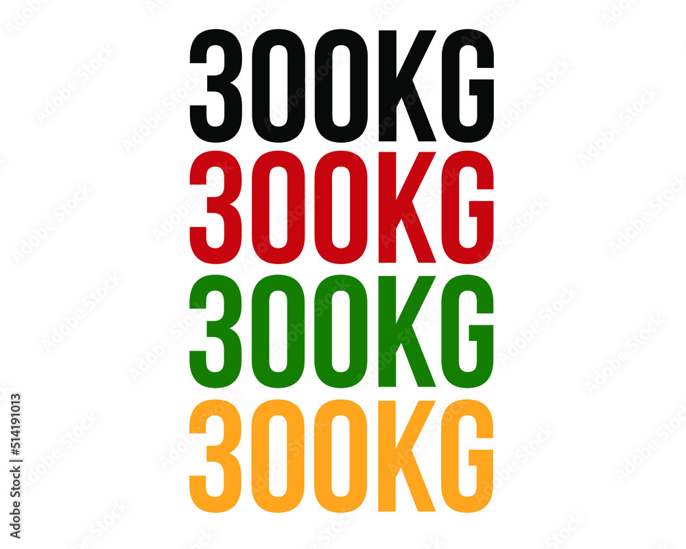 300kg text. Vector with value in kilograms black, red, green and orange on white background. 300kg text. Vector with value in kilograms black, red, green and orange on white background.