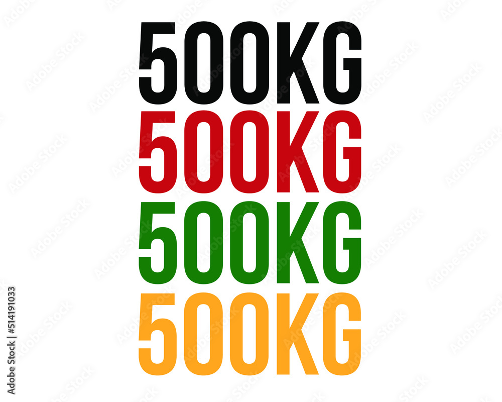 500kg text. Vector with value in kilograms black, red, green and orange on white background. 500kg text. Vector with value in kilograms black, red, green and orange on white background.