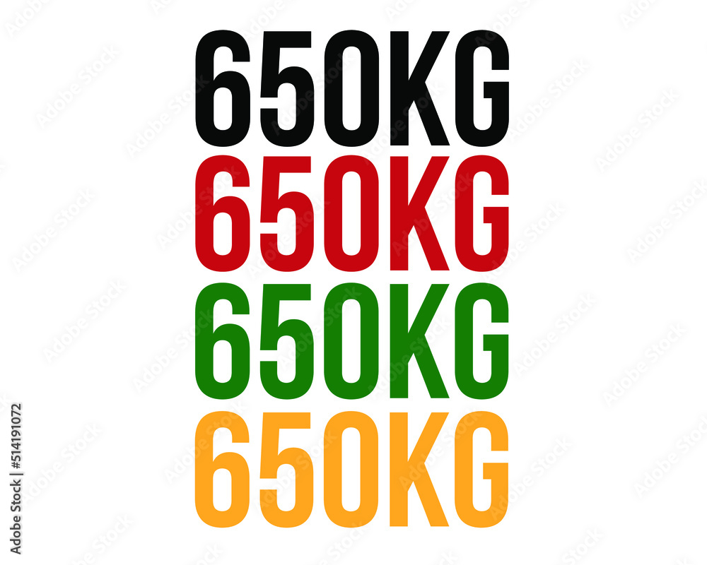 650kg text. Vector with value in kilograms black, red, green and orange on white background.