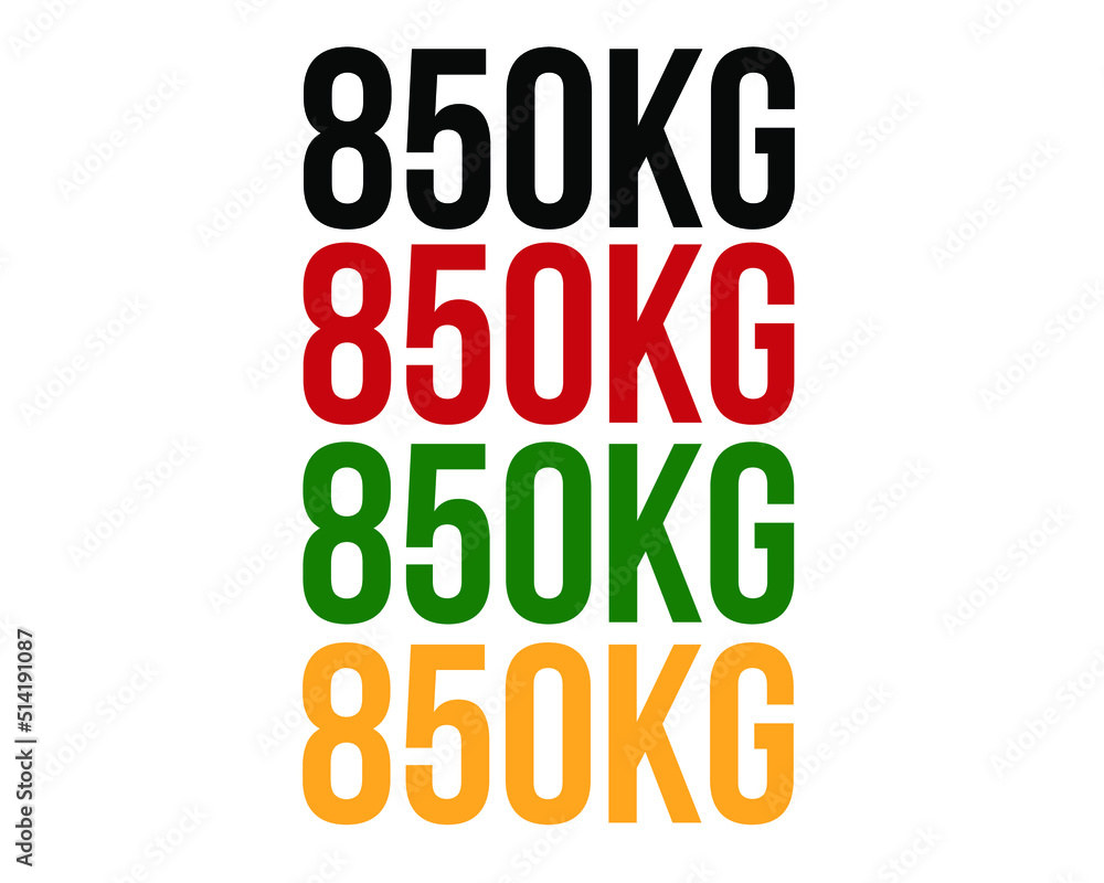 850kg text. Vector with value in kilograms black, red, green and orange on white background. 850kg text. Vector with value in kilograms black, red, green and orange on white background.