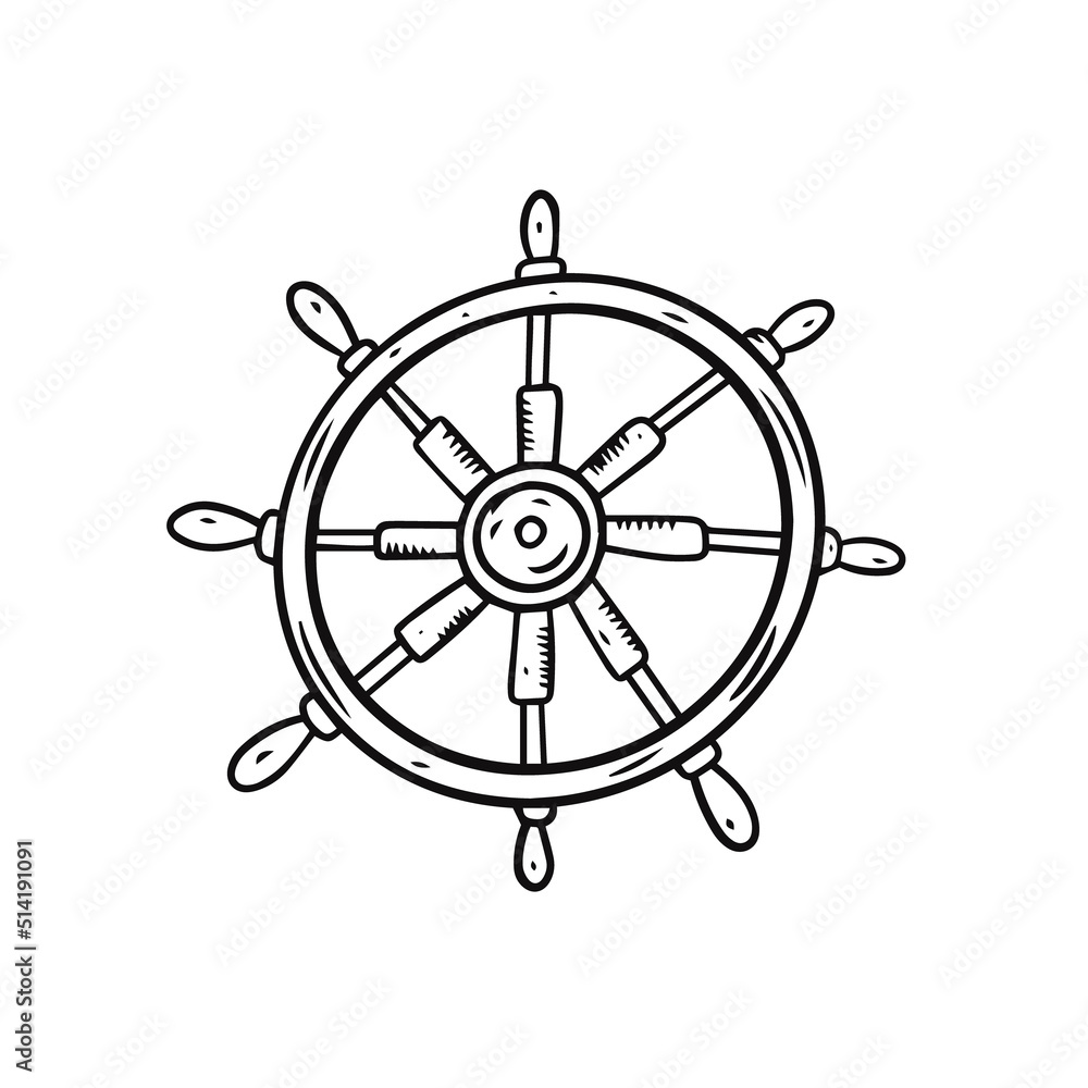 Hand drawn ship wheel. Black color engraving style. Doodle sketch art.