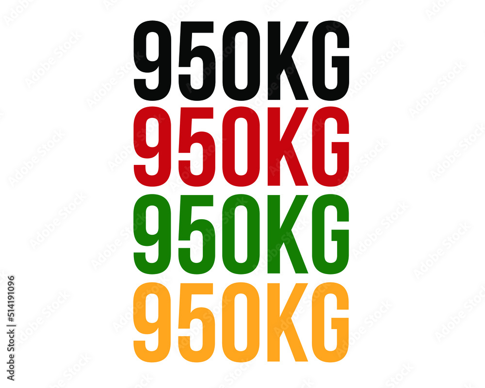 950kg text. Vector with value in kilograms black, red, green and orange on white background. 950kg text. Vector with value in kilograms black, red, green and orange on white background.