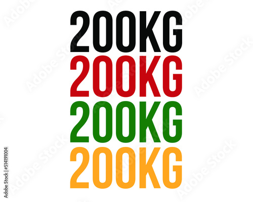 200kg text. Vector with value in kilograms black, red, green and orange on white background.
