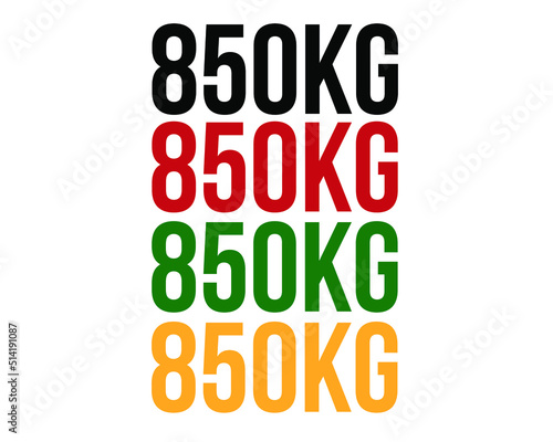 850kg text. Vector with value in kilograms black, red, green and orange on white background.