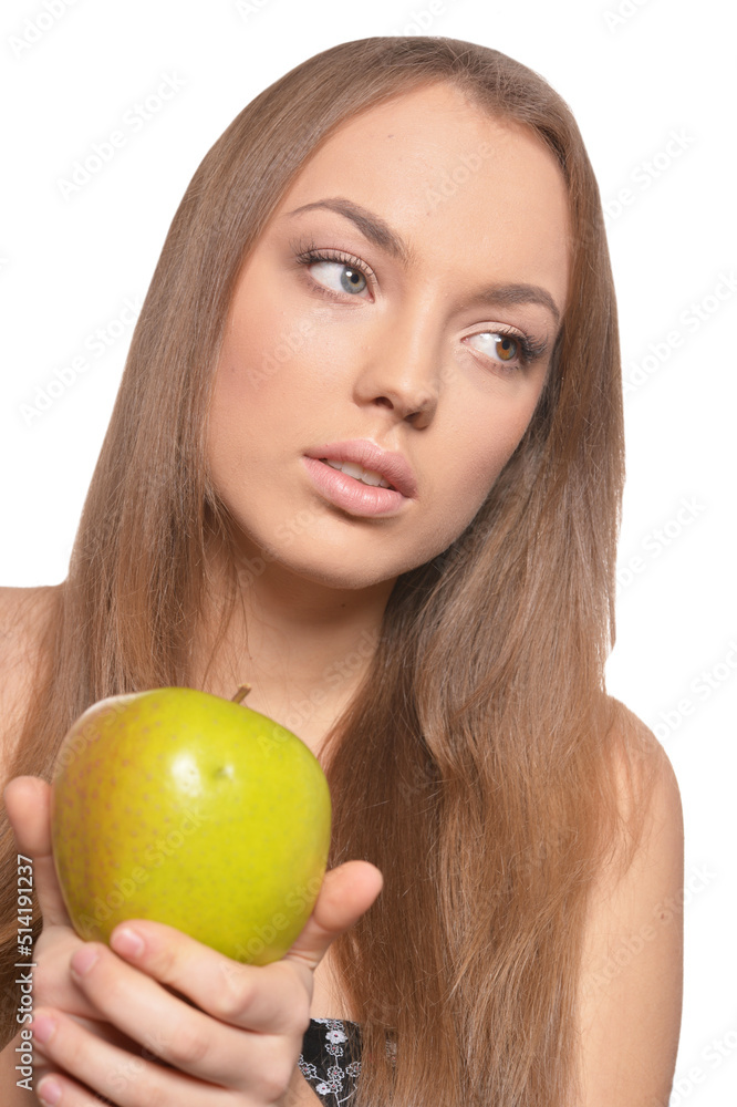 Portrait of beautiful young woman with green apple Portrait of beautiful young woman with green apple