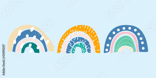 Abstract boho rainbows with bizarre pattern set. Hand drawn cute arch for nursery decoration, birthday, party, room interior posters. Gender neutral scandinavian nursery graphics vector illustration