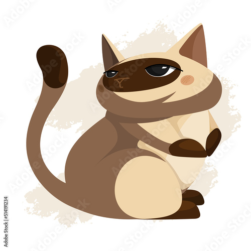 One funny disgruntled cat on abstract paint stain background. Pedigree animal. Nursery. Fat cute Siamese cat. Pet with folded paws and rolled up eyes. Element for situational composition design, cards