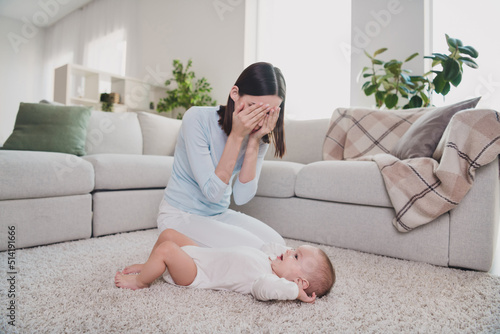 Photos Full body portrait of two peaceful positive people lady cover eyes cute toddler