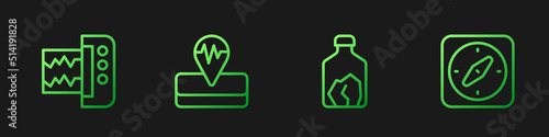 Set line Ore mining, Seismograph, Earthquake and Compass. Gradient color icons. Vector