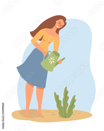 Cute beautiful girl watering a growing plant, a flower, a young tree. Love of gardening. Colorful bright character isolated on white background. Flat, vector illustration.
