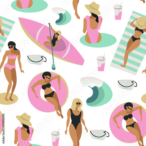 Bikini girls  bech  vacation  summer vector seamless pattern isolated on white background. Concept for print  cards  fabric  wallpapers