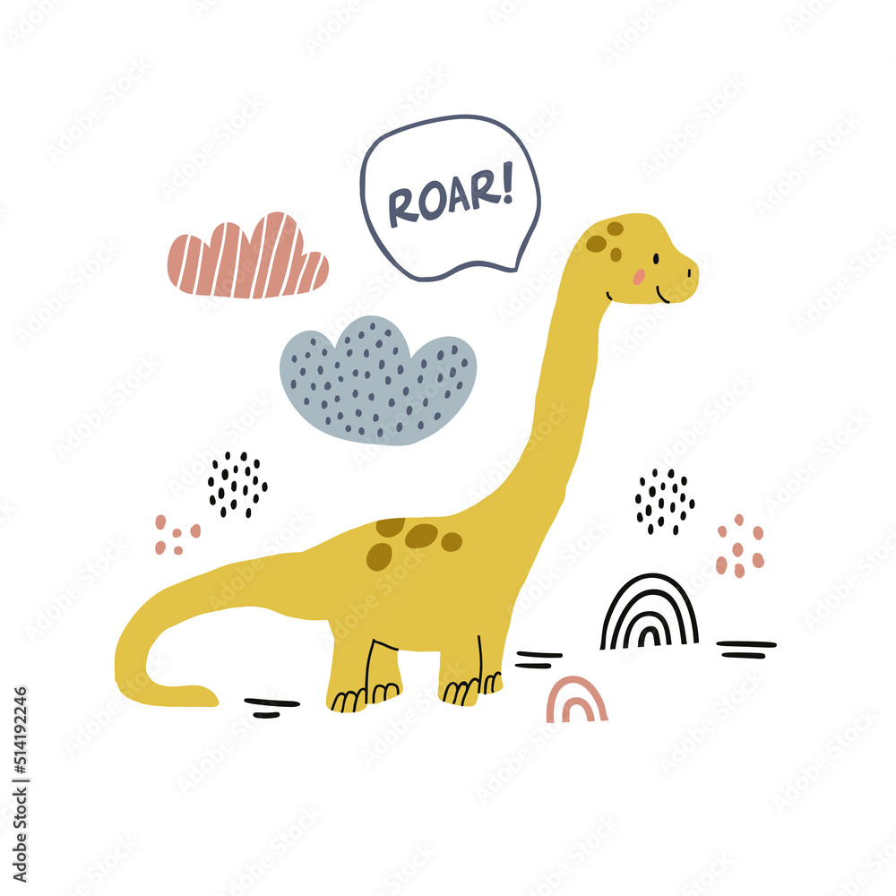 Cute vector illustration of the baby dino smiling with clouds, dots and roar sign on white. Kids poster design with dinosaur