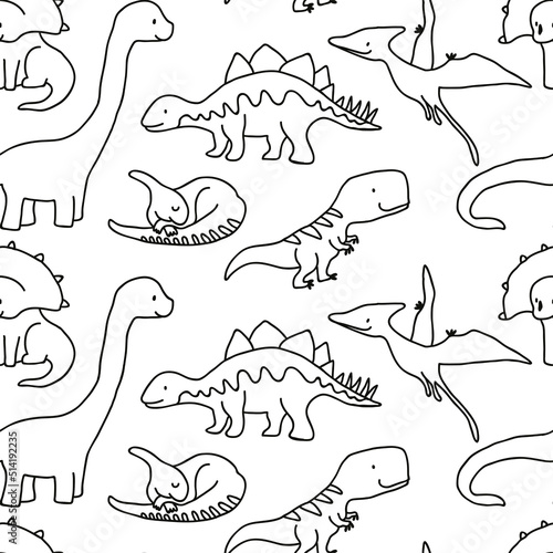 Outline doodle pattern with dinosaurs on white, doodle dino vector pattern. Coloring book pattern.