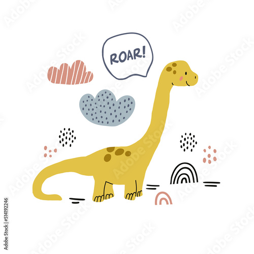 Cute vector illustration of the baby dino smiling with clouds, dots and roar sign on white. Kids poster design with dinosaur