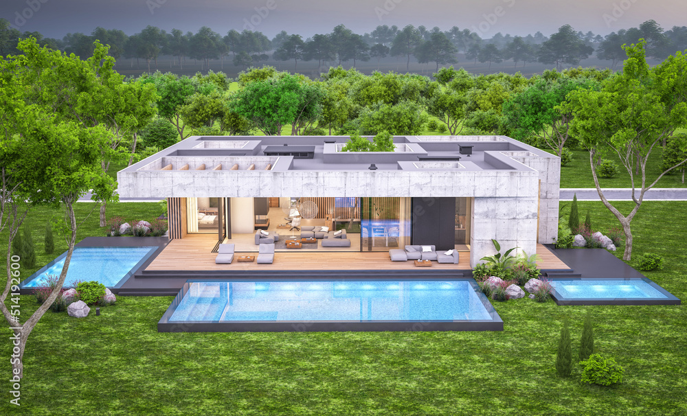 3d rendering of new concrete house in modern style with pool and parking for sale or rent and beautiful landscaping on background. Only one floor. Clear summer evening with cozy light from window