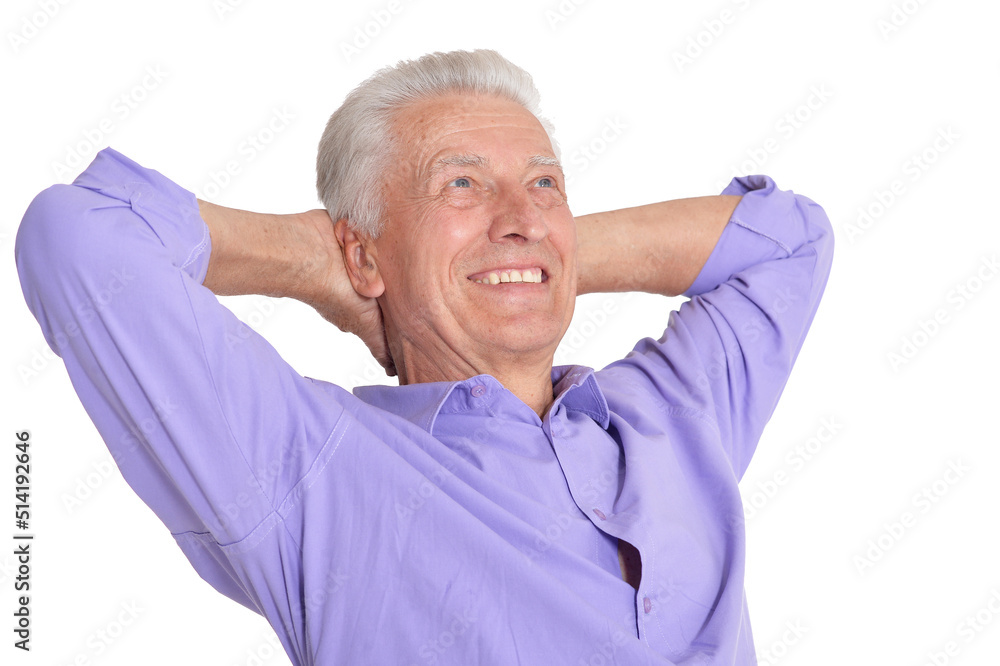 Portrait of senior man posing on white background