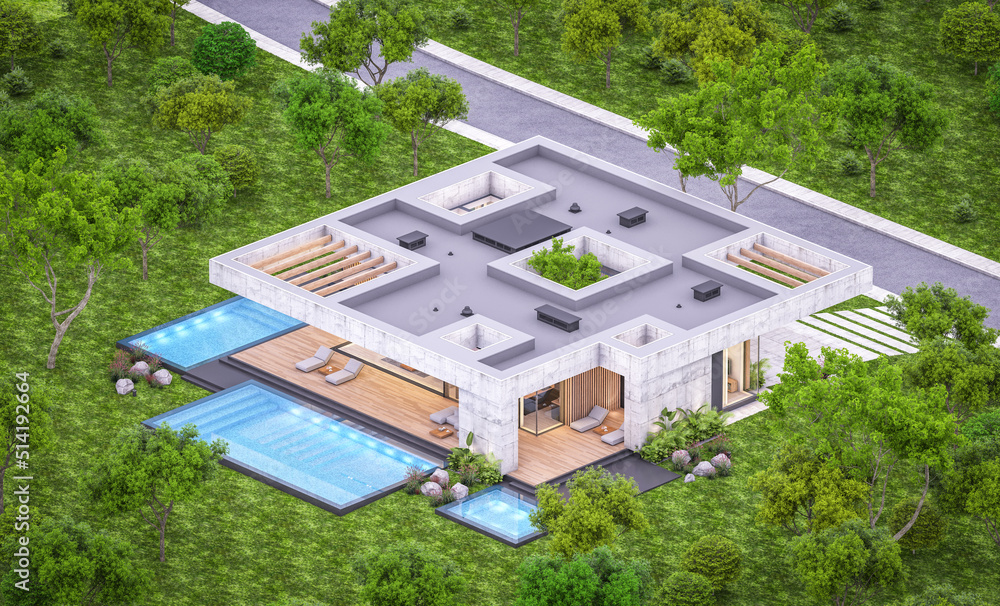 3d rendering of new concrete house in modern style with pool and parking for sale or rent and beautiful landscaping on background. Only one floor. Clear summer evening with cozy light from window 3d rendering of new concrete house in modern style with pool and parking for sale or rent and beautiful landscaping on background. Only one floor. Clear summer evening with cozy light from window