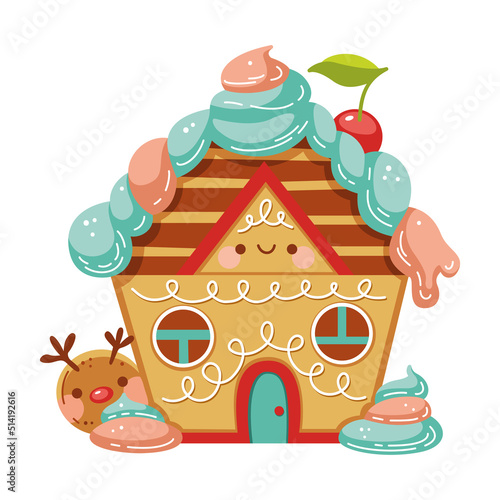Kawaii christmas gingerbread house. Cartoon vector illustration
