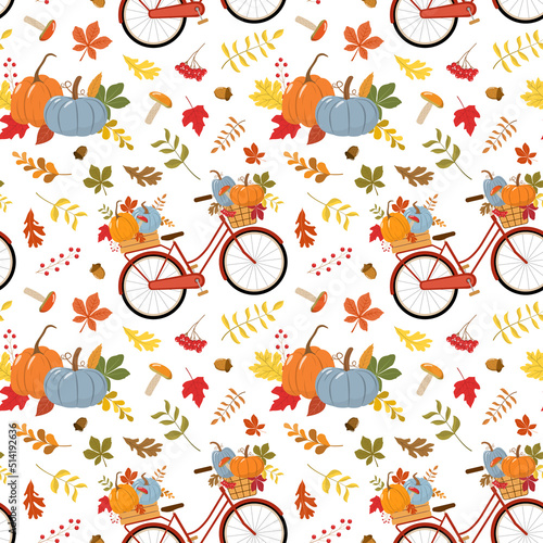 Vintage red bike with autumn pumpkins, colorful fall leaves, red berries, and forest mushrooms. Isolated on white background. Vector illustration.