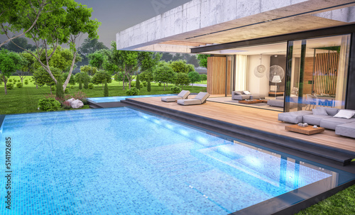 Wallpaper Mural 3d rendering of new concrete house in modern style with pool and parking for sale or rent and beautiful landscaping on background. Only one floor. Clear summer evening with cozy light from window Torontodigital.ca