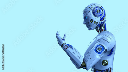 Fototapeta Naklejka Na Ścianę i Meble -  Detailed appearance of the white AI robot under pale blue background. Concept 3D CG of automatic operation, optimization and block chain.
