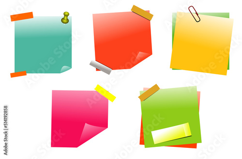 realistic set colorful blank sticky notes with 

pushpins paperclips. yellow post it note with 

adhesive tape. yellow sticky note pinned.

