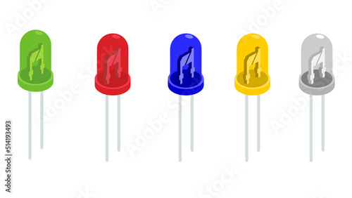 Set of Colourful LED Bulbs Vector art. Red Led, Blue Led, Gree Led, Yellow Led, White Led. Light Emitting Diodes.	
