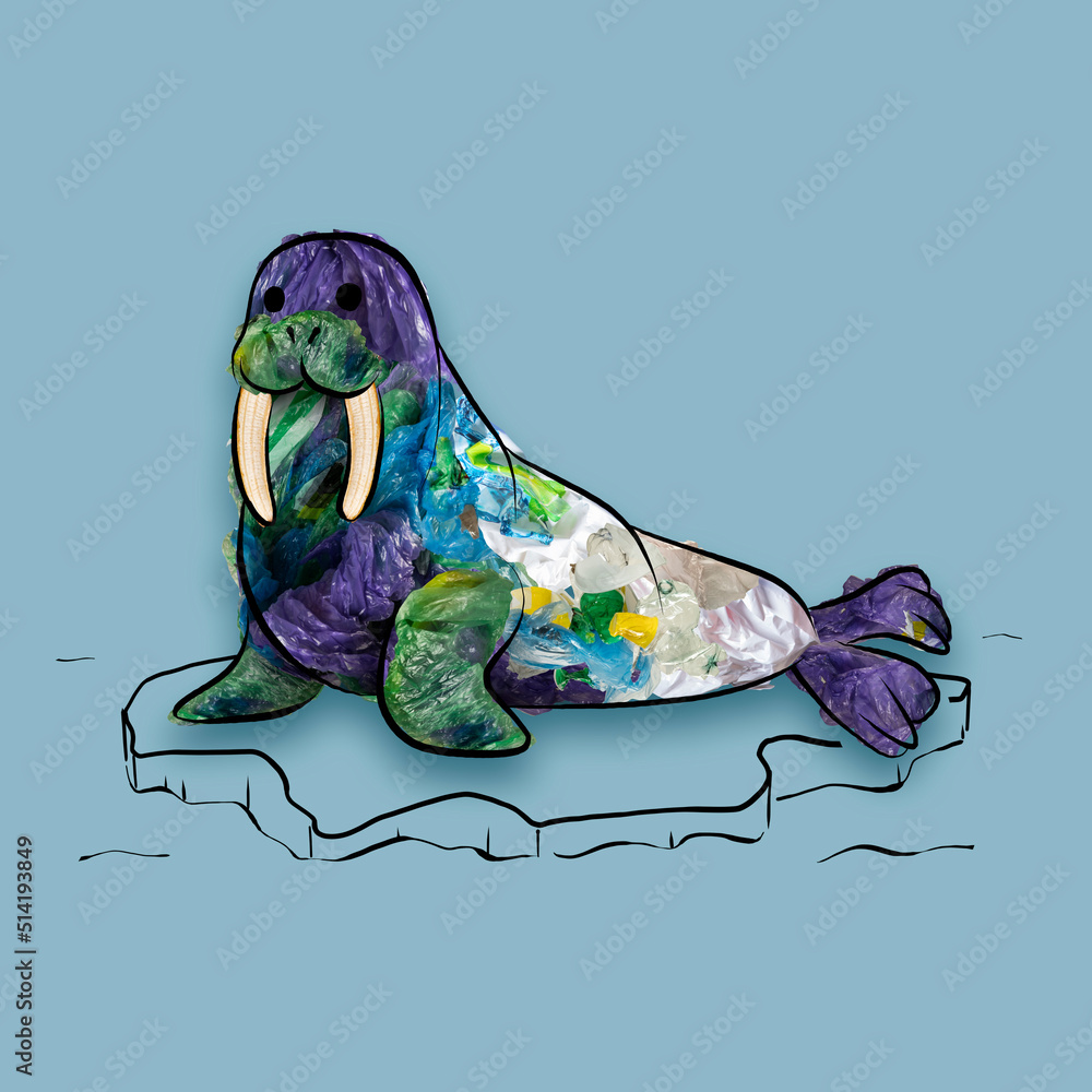Conceptual artwork with sea animal walrus filled with garbage and