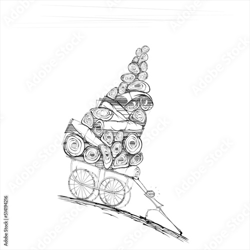 Man with a trolley of carpets pushing up a hill