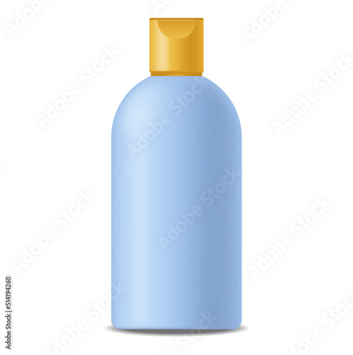 Realistic bottle package vector, blue shampoo bottle, hair, face, skin cosmetics yellow design, packaging mockup