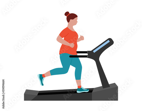 Plump woman running on treadmill to lose weight. Overweight girl jogging on fitness equipment. Endurance cardio run training. Flat vector illustration