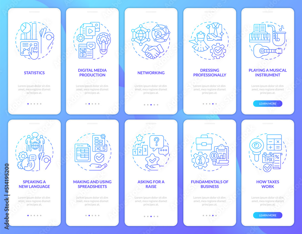 Important skills for life blue gradient onboarding mobile app screen set. Walkthrough 5 steps graphic instructions with linear concepts. UI, UX, GUI template. Myriad Pro-Bold, Regular fonts used Important skills for life blue gradient onboarding mobile app screen set. Walkthrough 5 steps graphic instructions with linear concepts. UI, UX, GUI template. Myriad Pro-Bold, Regular fonts used