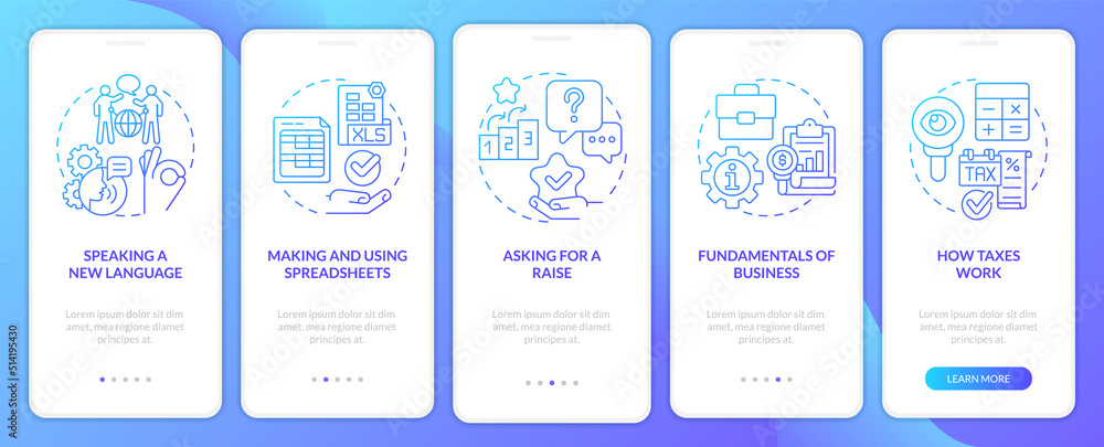 Naklejka premium Experiences blue gradient onboarding mobile app screen. Job and career walkthrough 5 steps graphic instructions with linear concepts. UI, UX, GUI template. Myriad Pro-Bold, Regular fonts used