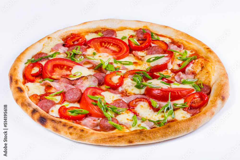 Pizza with cheese, tomatoes, peppers, green onions, sausages and bacon