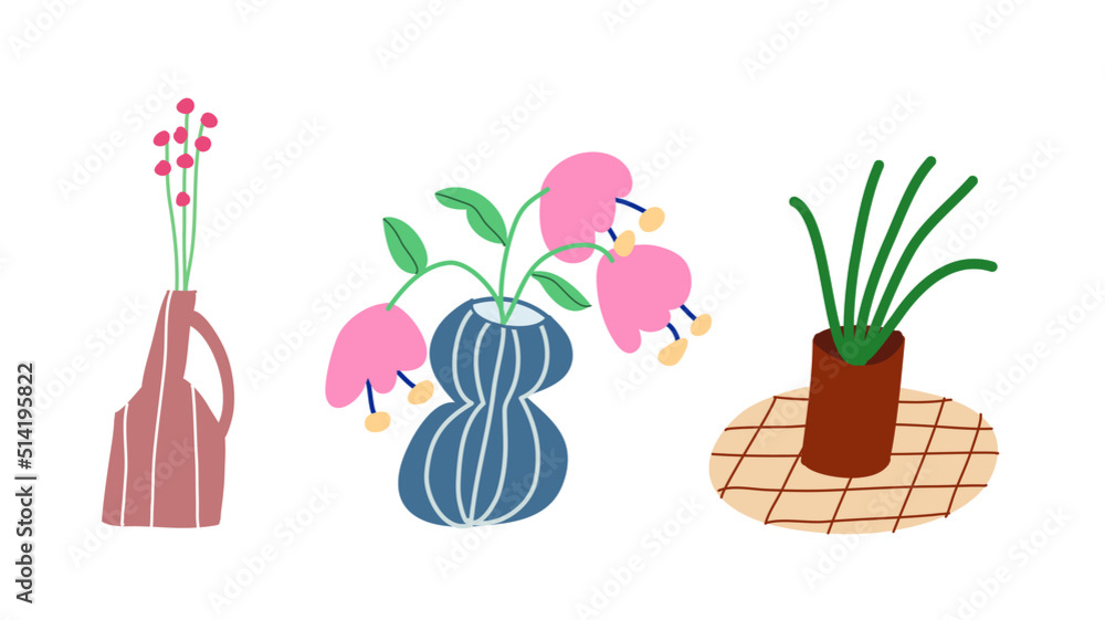 Collection of houseplants in vector. Potted plants, flowers in vases with striped ornament. Decorative element for cards, posters, stationary. Collection of houseplants in vector. Potted plants, flowers in vases with striped ornament. Decorative element for cards, posters, stationary.