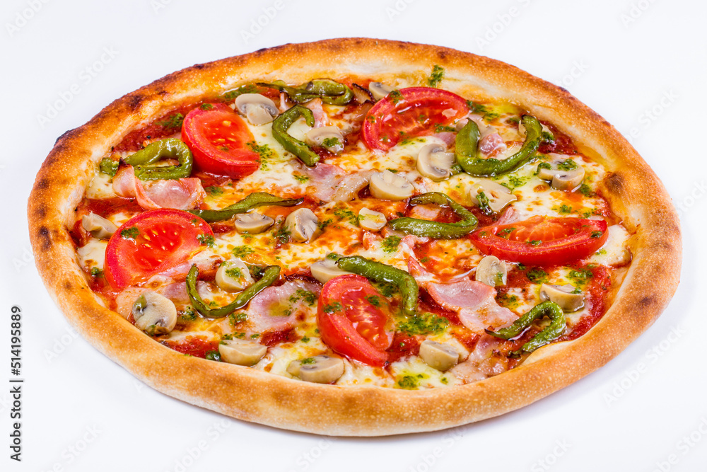 Pizza with tomatoes, cheese, green pepper, mushrooms, bacon and sauce Pizza with tomatoes, cheese, green pepper, mushrooms, bacon and sauce