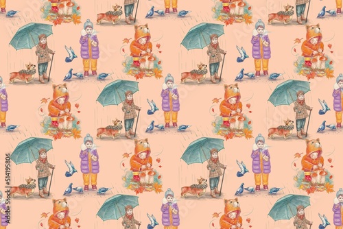 Seamless pattern. Autumn. Children in various poses, picking mushrooms, walking in the rain, feeding pigeons. Watercolor style on orange peach background. © anna