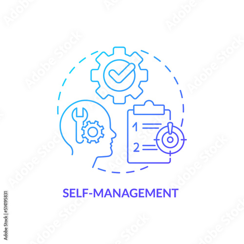 Self management blue gradient concept icon. Personal development abstract idea thin line illustration. Strategic planning. Self control. Isolated outline drawing. Myriad Pro-Bold font used